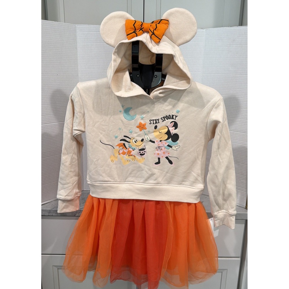 Disney Minnie Mouse Pluto Halloween Tutu Dress Girls XL Beige Orange Long Sleeve